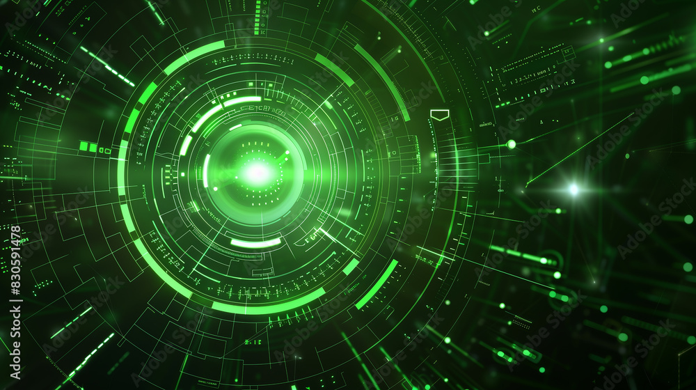 A green circle with a bright light in the center. The circle is surrounded by a lot of green lines and dots A green circle with a bright light in the center. The circle is surrounded by a lot of green lines and dots