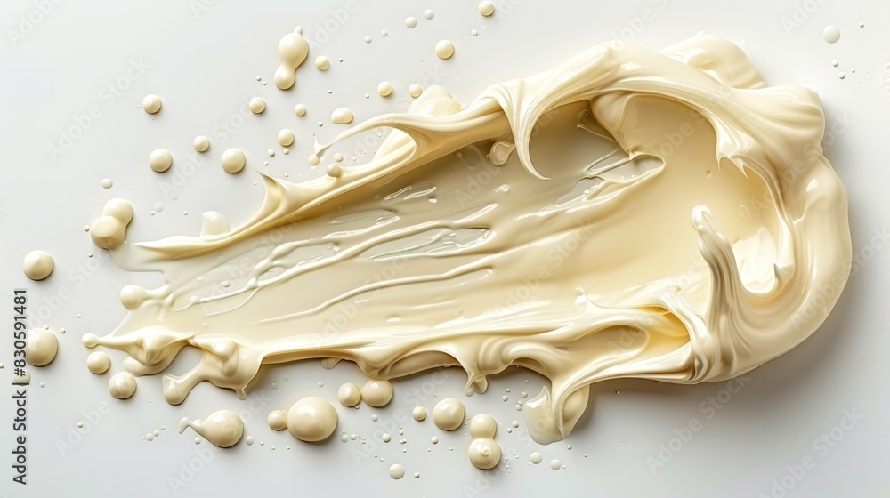 A tight shot of a cream-colored substance against a pristine white background, adorned with droplets of water at its base and cap A tight shot of a cream-colored substance against a pristine white background, adorned with droplets of water at its base and cap