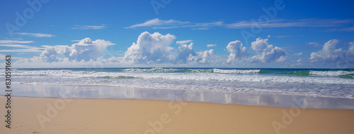 Panoramic view of Sky Clouds Surf and Sand Background on a sunny day at the beach