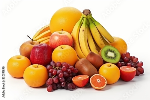 Assorted fresh fruits beautifully arranged on a white background for a colorful and enticing display