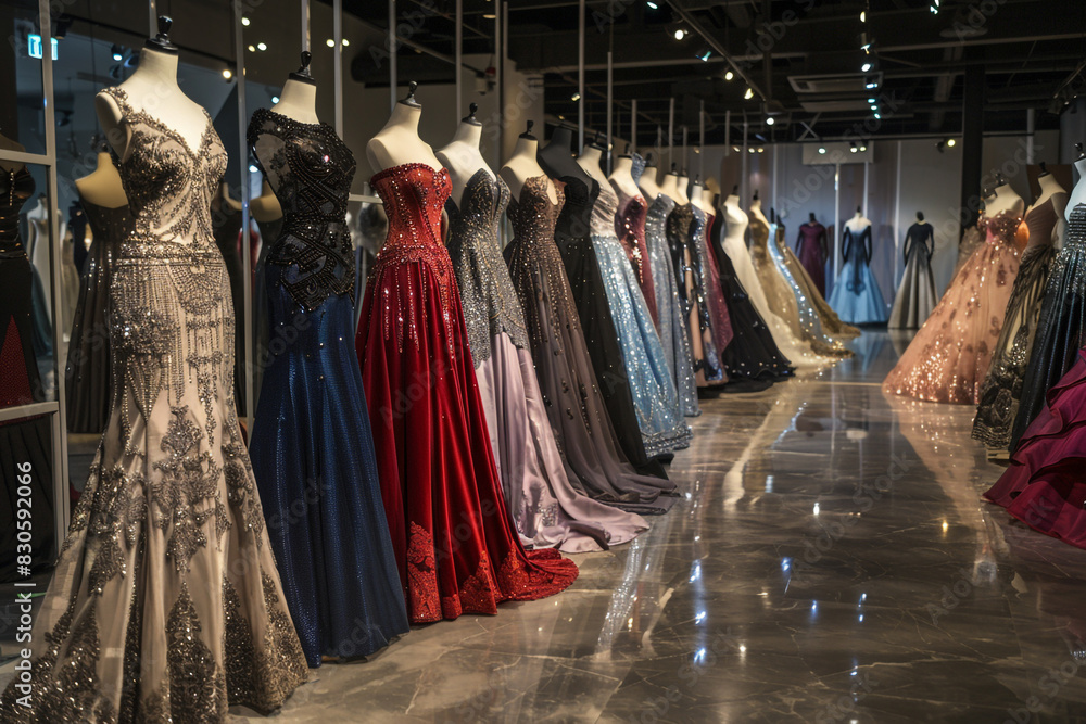 Evening Gowns A glamorous display of couture evening gowns in exquisite fabrics and intricate designs embodying elegance and sophistication for special occasions 