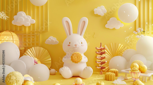 Cute bunny with moon cake on Mid-Autumn Festival in cartoon style on purple background photo