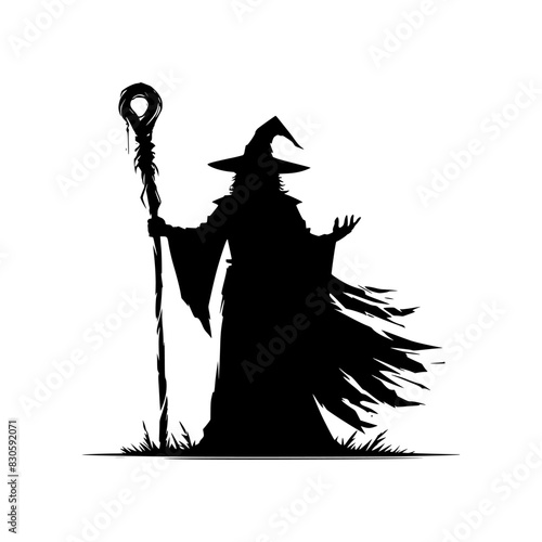 Black silhouette of a wizard holding his staff isolated on a white background.