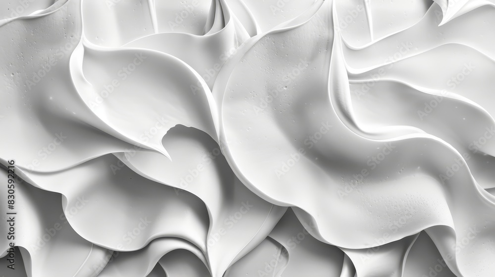 Obraz premium A monochrome image of a white wave formed by paint on a pristine white paper, conveying a windy scene with numerous water droplets