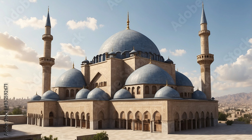 a large, ornate mosque with blue domes and minarets.