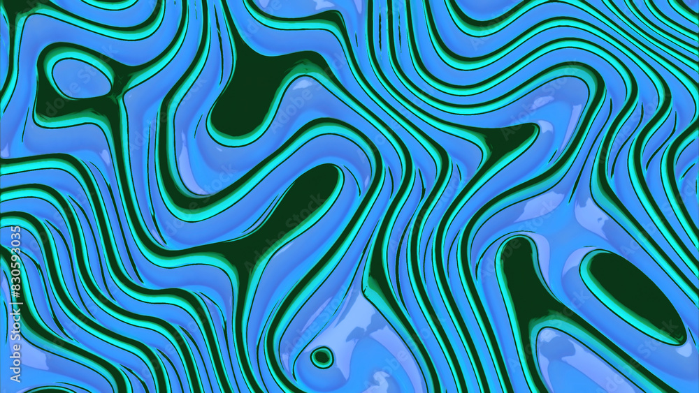 Rows of colorful green stripes rippling and transforming. Design. Glowing liquid flowing stains.