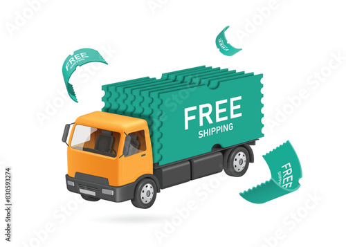 delivery free shipping advertising design ,yellow truck transports a tag label full of free shipping promotions and floats in air around it, vector 3d isolated for delivery, online shopping concept
