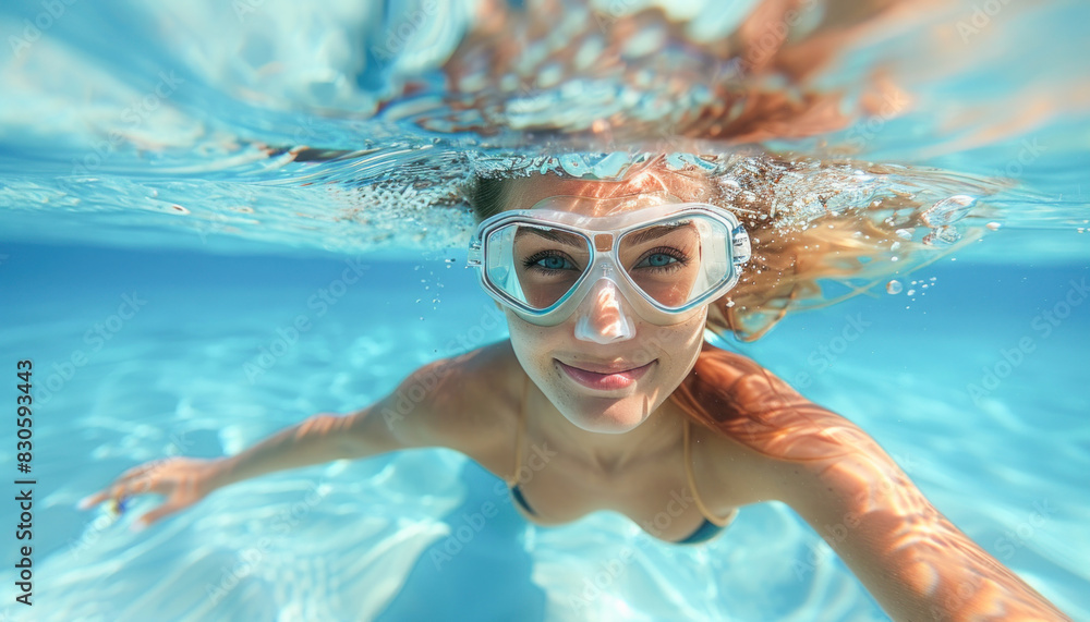 Fototapeta premium A woman is happily submerged in a swimming pool, wearing headgear and taking a selfie underwater
