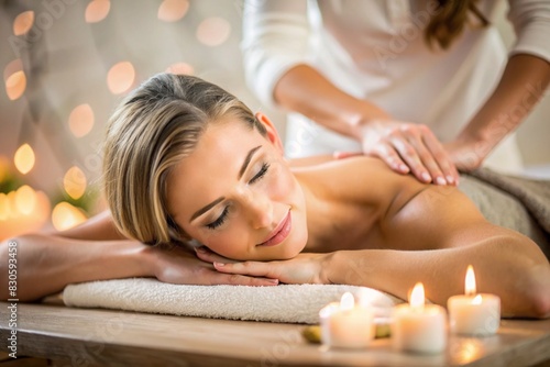 A banner for professional massage parlors. A young, beautiful blonde woman enjoys a massage in a modern spa by candlelight. Relaxation and harmony, body care.