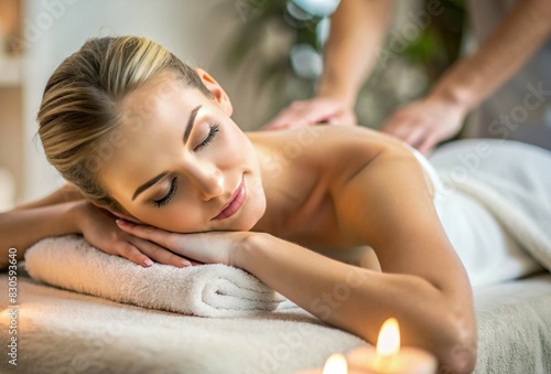 A banner for professional massage parlors. A young, beautiful blonde woman enjoys a massage in a modern spa by candlelight. Relaxation and harmony, body care.