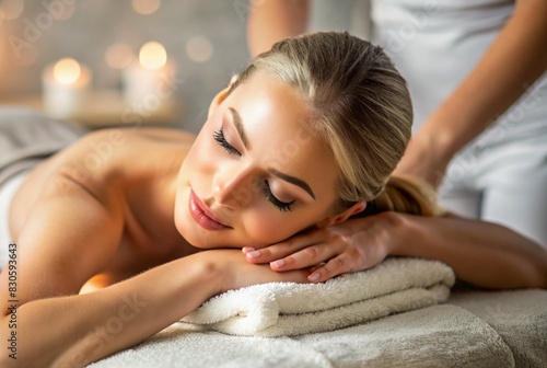 A banner for professional massage parlors. A young  beautiful blonde woman enjoys a massage in a modern spa by candlelight. Relaxation and harmony  body care.
