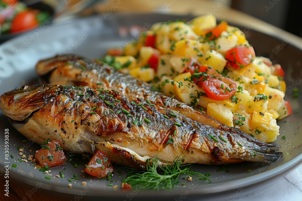 Brathering - Fried herring served with a side of potato salad. Brathering - Fried herring served with a side of potato salad.
