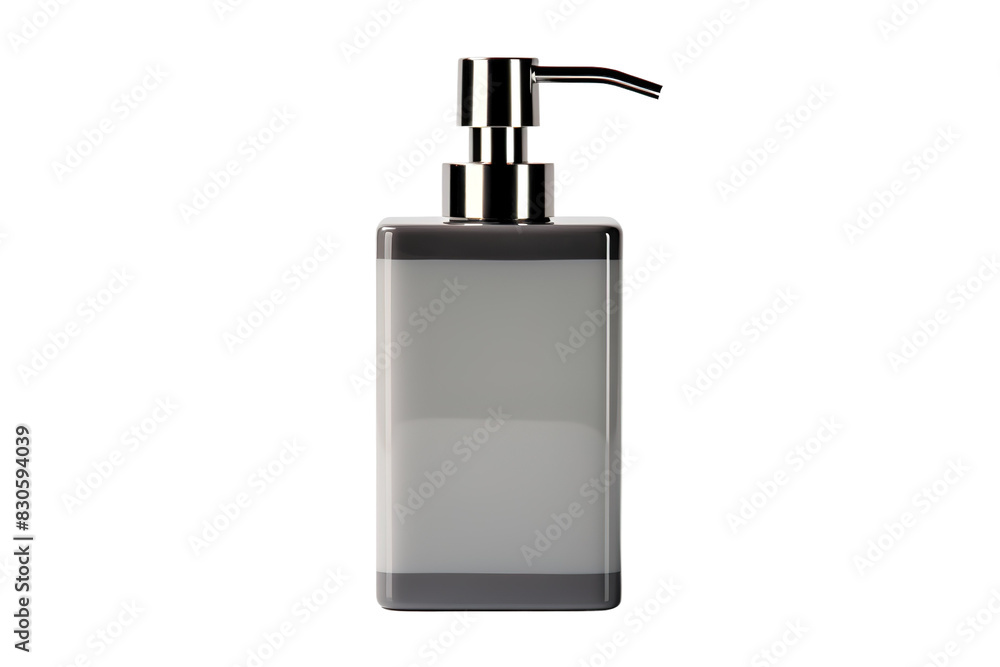Obraz premium Modern gray pump dispenser bottle, minimalist refillable soap container, bathroom and kitchen hygiene accessory PNG isolated on Transparent Background