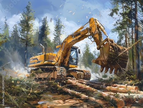 Forestry feller buncher gathering multiple trees, capturing dynamic action