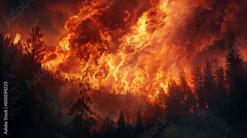 A massive wildfire raging through a forest with flames reaching the sky 