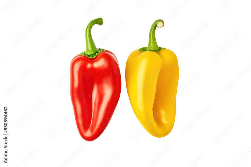 Fiery Tango: Two Vibrant Red and Yellow Peppers Dance on White Canvas on White or PNG Transparent Background. Fiery Tango: Two Vibrant Red and Yellow Peppers Dance on White Canvas on White or PNG Transparent Background.