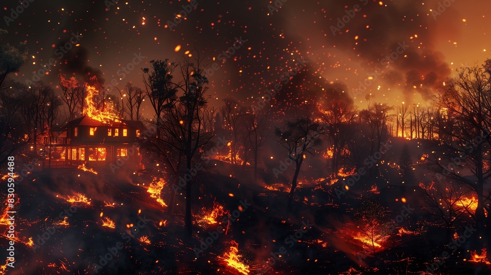 A wildfire approaching a residential area at night, with glowing embers