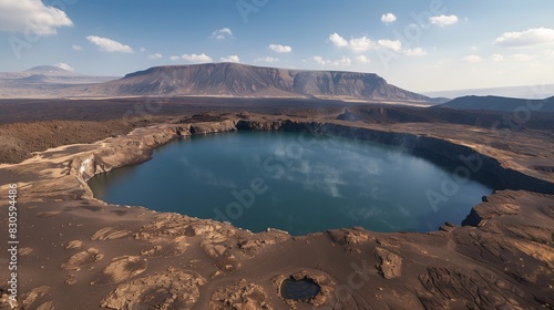 A volcanic crater lake formed after an eruption, surrounded by barren land