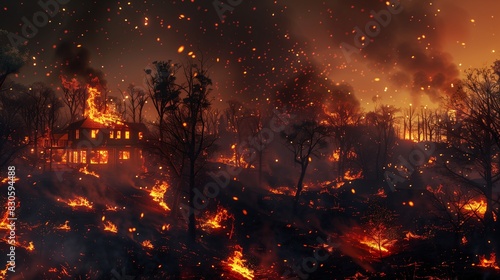 A wildfire approaching a residential area at night  with glowing embers