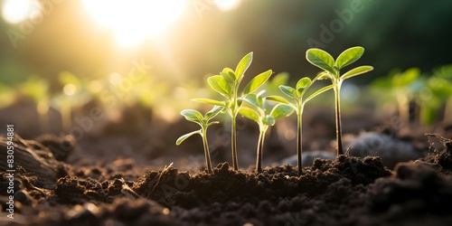 New sprouts emerging in fertile soil with sunlight bokeh in the background symbolizing rebirth and natures resilience. Concept Nature's Resilience, Rebirth, New Growth, Fertile Soil, Sunlight Bokeh photo