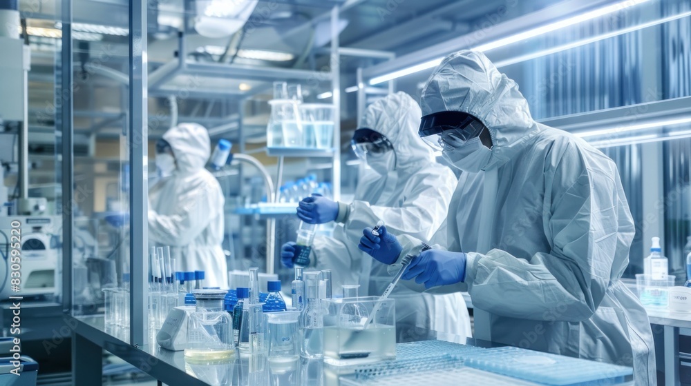 hospital laboratory with a clean and orderly atmosphere. with researchers wearing masks and gloves Preparing samples for analysis hospital laboratory with a clean and orderly atmosphere. with researchers wearing masks and gloves Preparing samples for analysis