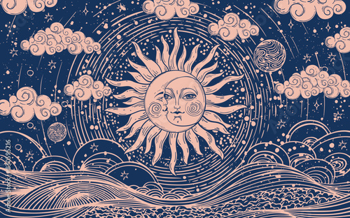 Celestial astrology card of the sun and moon with face, vector esoteric poster of zodiac, horoscope, tarot. Creation of the Universe with clouds, stars and sun.