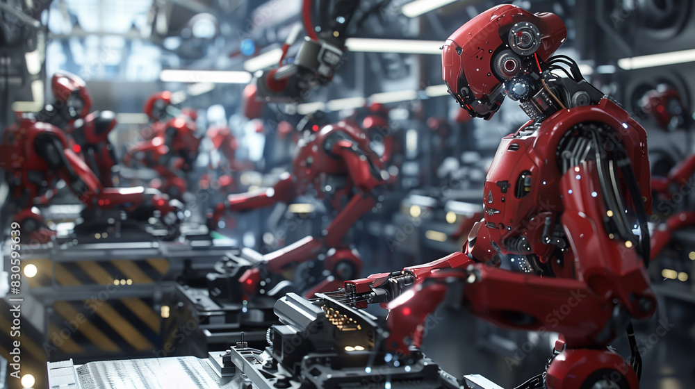 A group of robots are lined up in a factory. The robots are all white and have a robotic appearance. The scene is set in a factory, and the robots are likely being manufactured or assembled A group of robots are lined up in a factory. The robots are all white and have a robotic appearance. The scene is set in a factory, and the robots are likely being manufactured or assembled