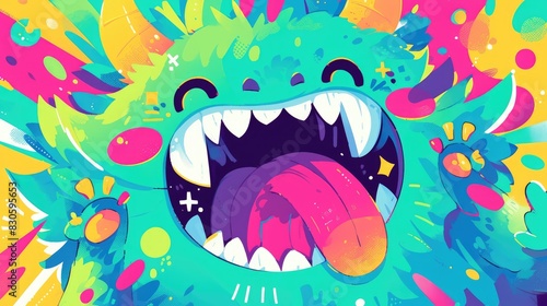 An adorable green monster sticking out its tongue and sporting horns in a vibrant 2d art colorful drawing or illustration photo