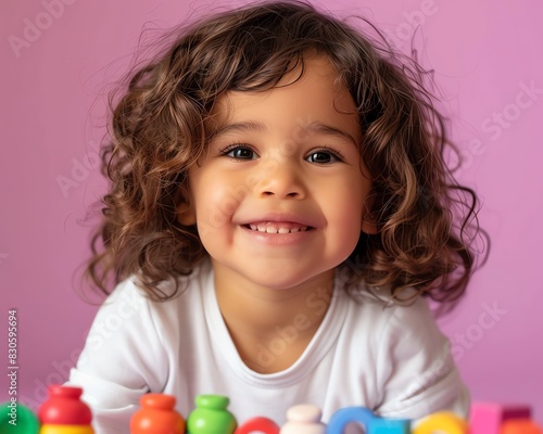 Happy 4yearold child with Montessori toys, attentive and smiling, soft purple pink backdrop, crisp and vivid image quality photo