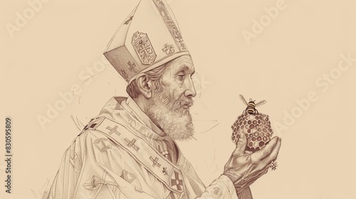 Wallpaper Mural Biblical Illustration of St. Ambrose Holding Beehive Symbolizing Eloquence in Bishop's Robes, Beige Background, Copyspace Torontodigital.ca