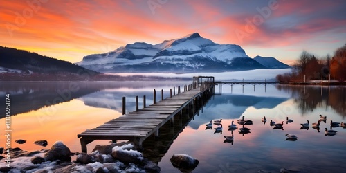 Scenic view of Lake Annecy in HauteSavoie at sunrise in winter surrounded by French Alps mountains. Concept Landscape Photography, Winter Sunrise, Lake Annecy, French Alps, Haute-Savoie