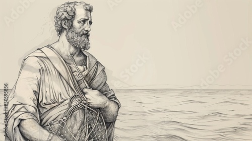 Biblical Illustration of St. Peter with Keys and Fisherman's Net by the Sea, Leadership and Faith, Beige Background, Copyspace photo