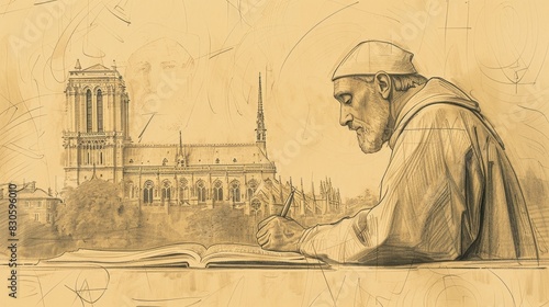 Biblical Illustration of St. Anselm of Canterbury Writing in 12th-Century English Cathedral, Beige Background, Copyspace photo