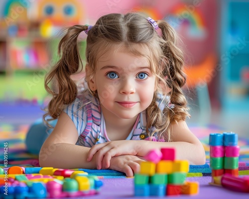 Cheerful 4yearold engaged with Montessori materials, attentive expression, soft purple pink setting, vibrant and lifelike colors photo