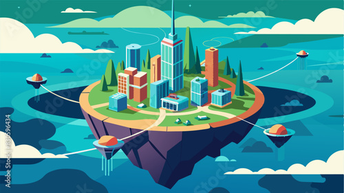 From above the archipelago city resembled a shimmering oasis its sprawling urban landscape connected by a web of hightech eVTOLs providing efficient and ecofriendly transportation.. Vector