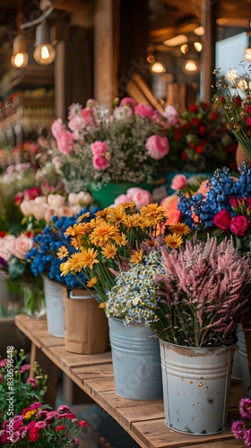 A Charming Flower Shop with a DIY Bouquet Station and Fresh Floral Displays in Rustic Buckets Showcasing a Retail and Shopping Experience Concept © Thares2020