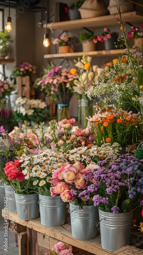 Colorful Floral Bouquet Station at Charming Rustic Flower Shop © Thares2020