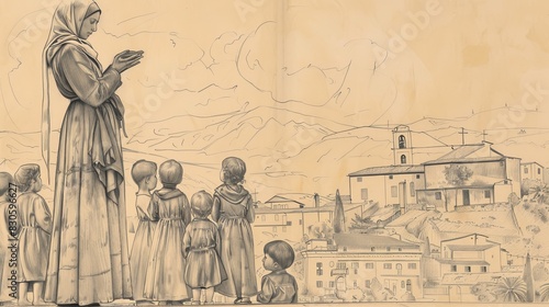 Biblical Illustration of St. Angela Merici Teaching Children in 16th-Century Italian School, Beige Background, Copyspace photo