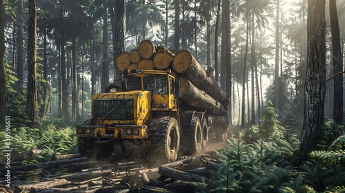 Forestry yarder with a skyline, transporting logs through a dense forest, detailed render photo