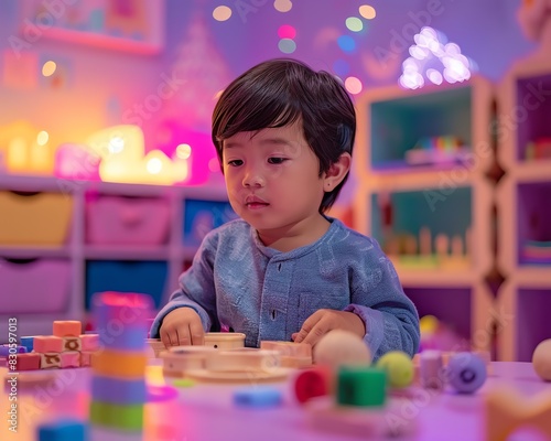 Excited 4yearold interacting with Montessori items, absorbed expression, soft purple pink environment, sharp and detailed visuals photo