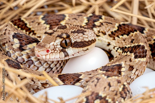 the snake hatches eggs. Snake's nest. Reproduction of snakes in nature