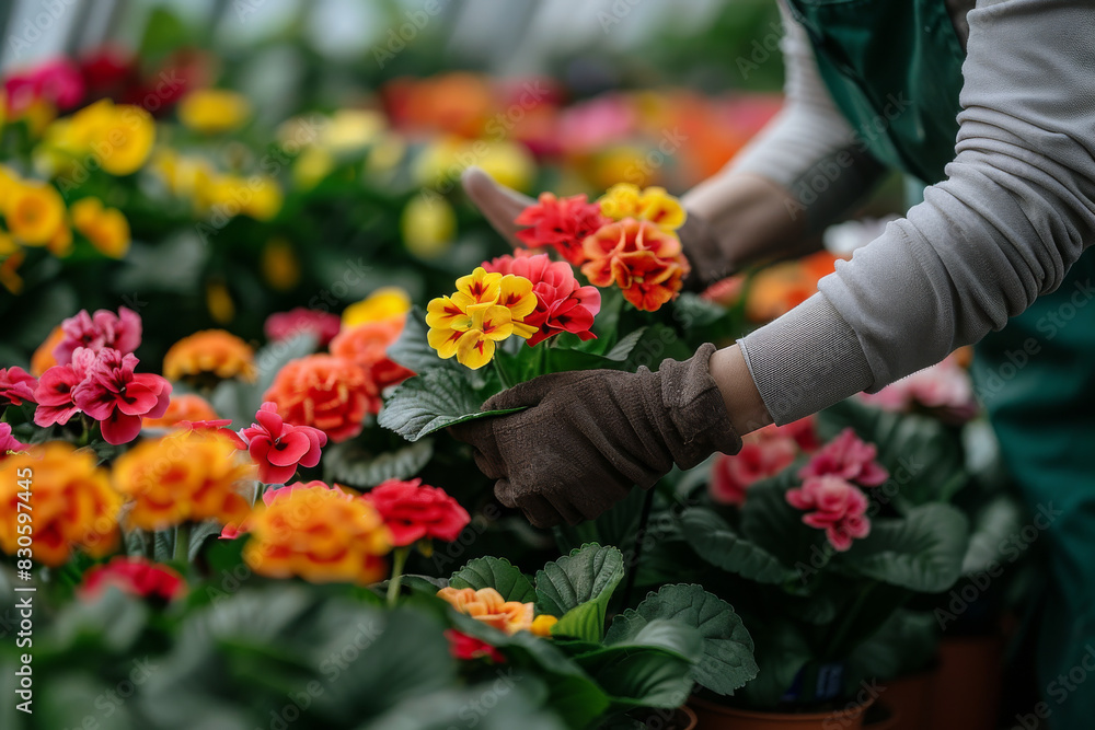 Woman Gardener Tending to Brightly Colored Flowers in a Greenhouse Woman Gardener Tending to Brightly Colored Flowers in a Greenhouse