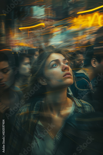 Woman Overwhelmed in a Bustling Crowd with Blurry Motion