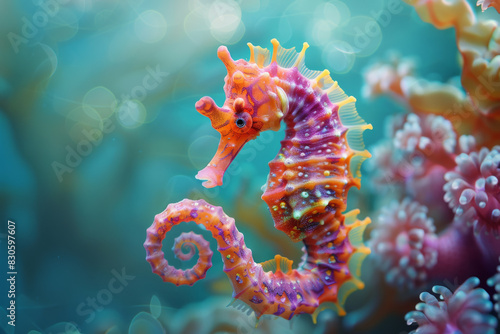 Vibrant Red Seahorse Adorned with Purple and Orange Hues photo