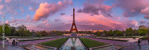 Eiffel Tower and Fountain at Jardins du Troca,
Eiffel Tower at sunrise from Trocadero Fountains in Paris photo