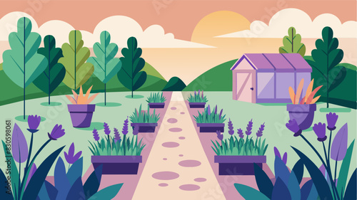 A section of the garden dedicated to growing fragrant herbs such as lavender and rosemary to stimulate the senses and promote mindfulness through their calming scents.. Vector illustration