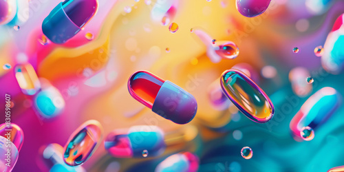 A colorful pill cloud with a blue pill in the middle