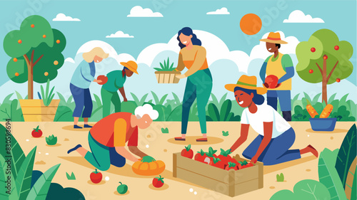 The community garden is buzzing with activity as members carefully tend to their individual plots checking on the growth of their tomatoes peppers and zucchini.. Vector illustration