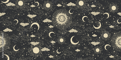 Sun with face, clouds and stars, seamless celestial pattern for fabric, vintage black astrology background with gold stars, horoscope vector ornament. Zodiac banner for text.