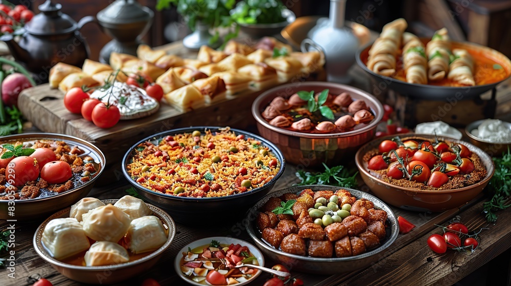 Celebrating Eid Mubarak with a scrumptious feast featuring biryani and baklava. Concept Eid Mubarak  